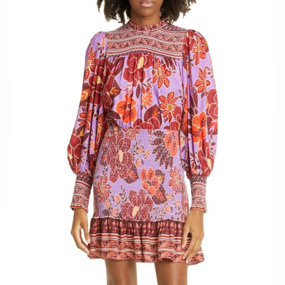 NWT farm rio sweet floral lilac multi puff sleeve dramatic mini dress medium